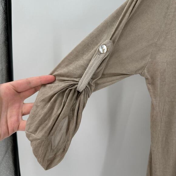 Cherishh Tan Scoop Neck Roll Tab Sleeve Lace Trim Boho Shift Dress Size Medium - Picture 6 of 9